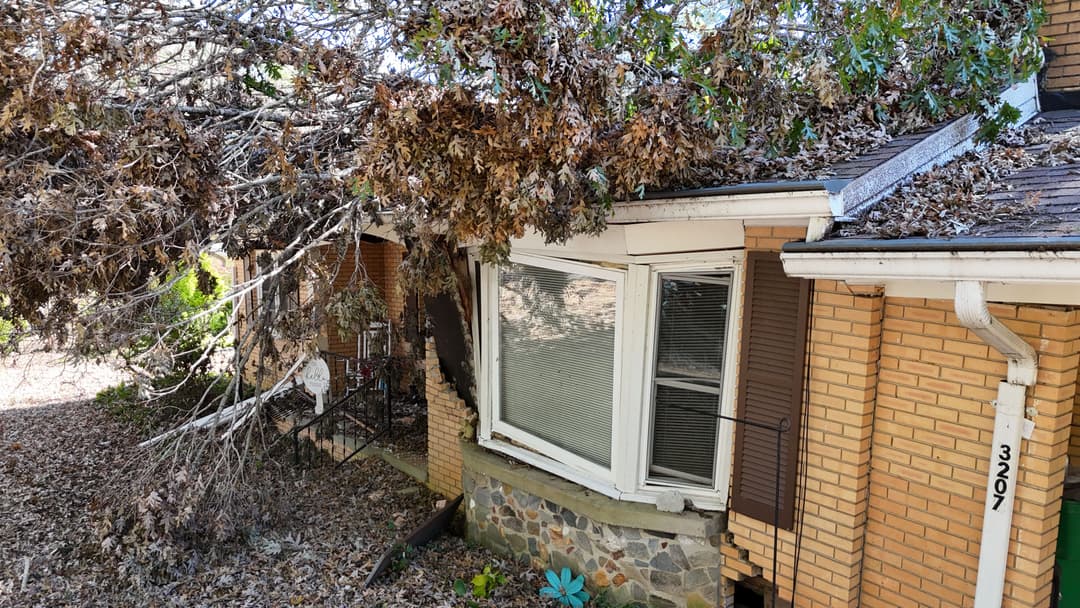 Damaged house with fallen branches and debris in the yard, showcasing exterior wear.