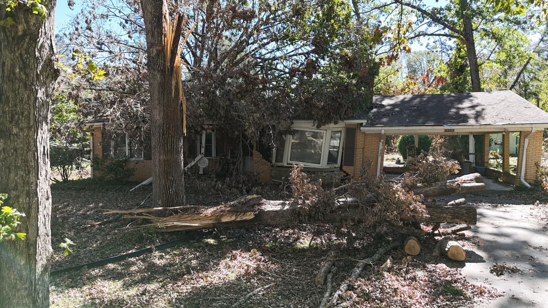 Damaged house with fallen tree and debris in a residential area, showcasing storm impact.