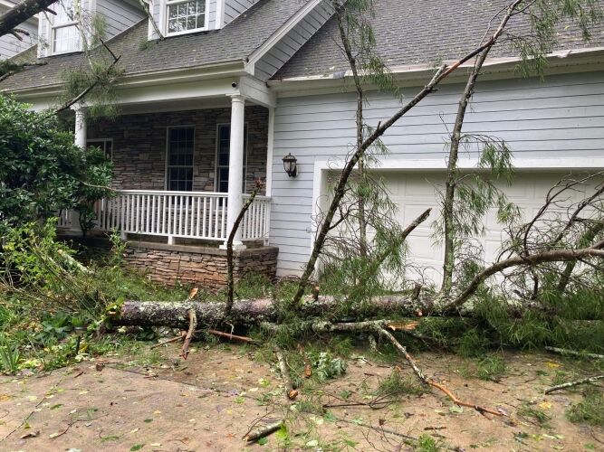 A fallen tree lies across the driveway and front yard of a house, with branches blocking the garage and porch area.